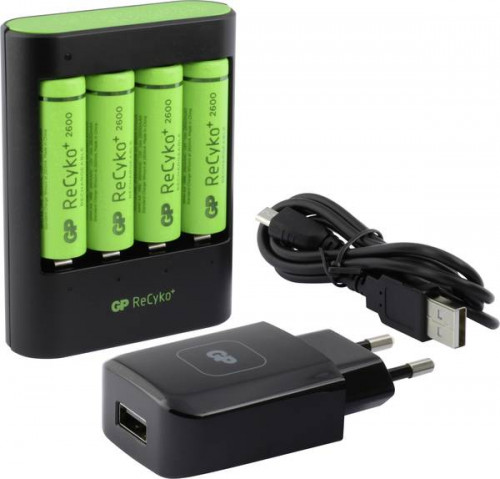 ถ่านชาร์จ GP recyko AA 2600 mAh แพ็ค 4 ก้อน แถมฟรีเครื่องชาร์จเร็ว USB U421 และ USB Wall Charge 2.1A 6