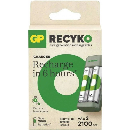 GP recyko AA 2100 mAh​ 2 ก้อน แถมฟรีเครื่องชาร์จ USB E211 ออกใบกำกับภาษีได้