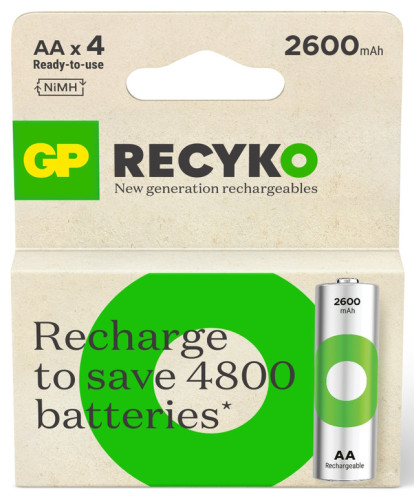 ถ่านชาร์จ GP recyko AA 2600 mAh แพ็ค 4 ก้อน แพคเกจใหม่ล่าสุด ออกใบกำกับภาษีได้
