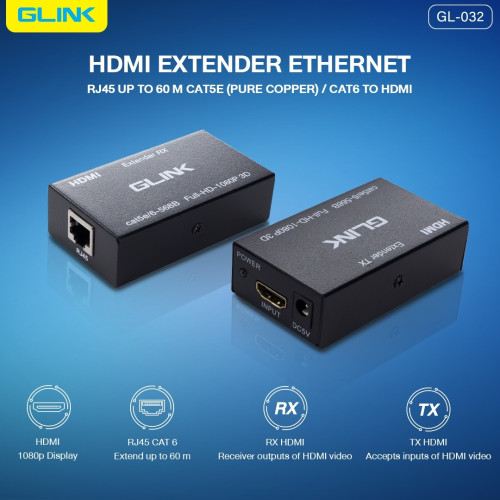 GLINK HDMI To Lan Extender 1080p รุ่น GL-032 อุปกรณ์แปลงสัญญาณภาพ HDMI ผ่านสายแลน ระยะไม่เกิน60เมตร
