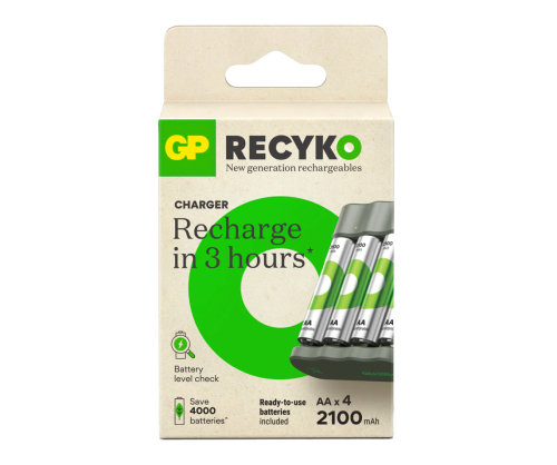 ถ่านชาร์จ GP recyko AA 2100 mAh แพ็ค 4 ก้อน แถมฟรีเครื่องชาร์จเร็ว USB B441