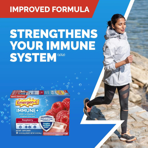  Emergen-C Immune+ Vitamin C Supplement Powder for Immune Support, Raspberry, 30 Ct, for Adults