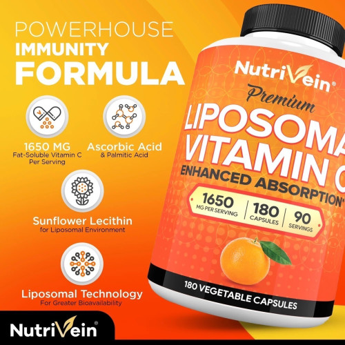  Nutrivein Liposomal Vitamin C 1650mg - 180 Capsules - High Absorption Ascorbic Acid
