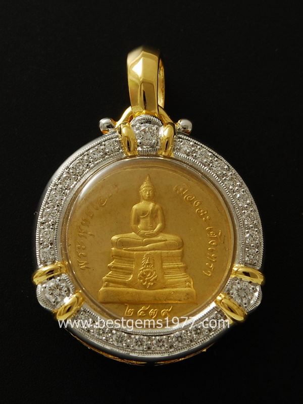 M595-2327/I เหรียญทองคำ 99.9หลวงพ่อโสธร รุ่นย้อนยุค พร้อมกรอบฝังเพชร