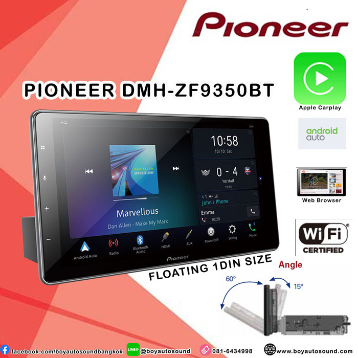 Pioneer DMH-ZF9350bt Floatint type1din รองรับการใช้งาน apple carplay,android auto,Built in Wi-Fi