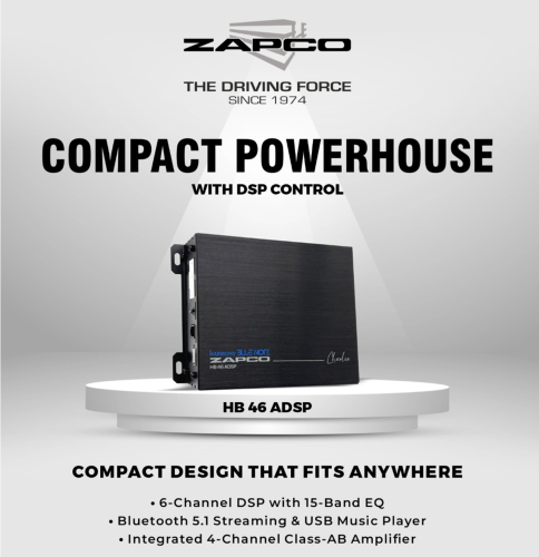 Zapco HB46 ADSP DSP Amp รุ่นใหม่ที่รวม DSP 6 แชนแนล + แอมป์ Class AB 4 แชนแนลในเครื่องเดียว ขนาดเพีย