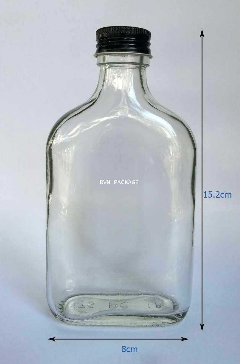 ขวด187 ml. แก้วแบน(ขวดแบนกั๊ก)+ ฝาโลหะดำ