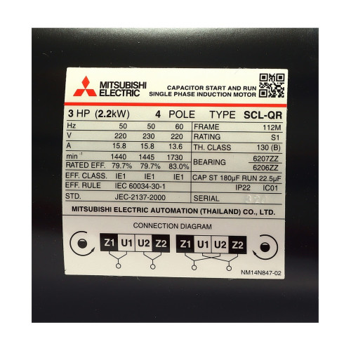 มอเตอร์ MITSUBISHI SCL-QR 3 HP 220v 1450rpm O 28mm 5