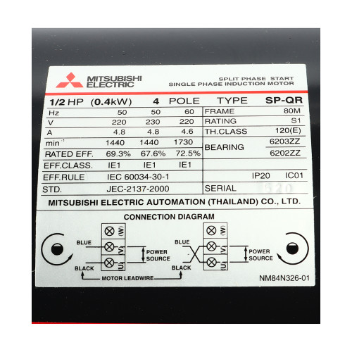 มอเตอร์ MITSUBISHI SP-QR 1/2 HP 220v 1450rpm O 16mm 3