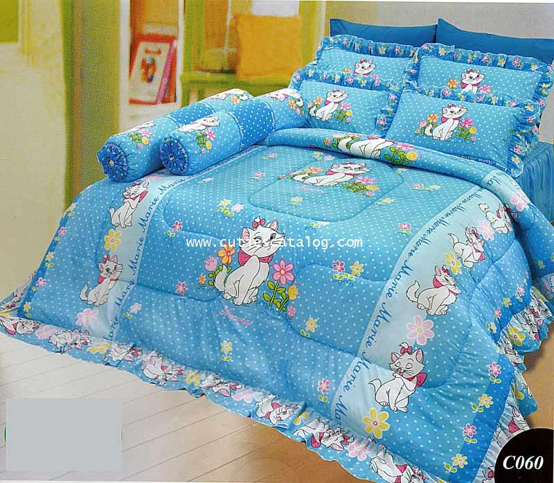 ผ้าปูที่นอน ลายแมรี/แมวมาลี(สีฟ้า)เตียงคู่ 5/6 ฟุต (Marie)