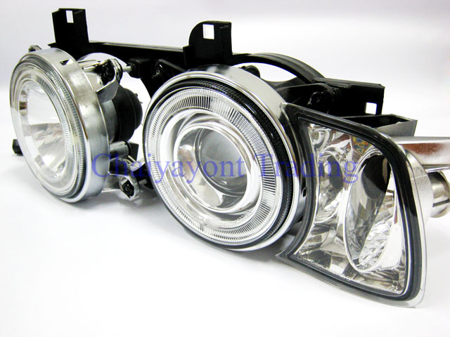 ชุดแต่งรถไฟหน้า LH วงแหวนคู่ CCFL Projector Clear Angel Eye Chrome Type BMW E34 518i 520i 525i