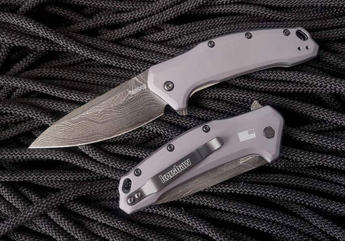 มีดพับ Kershaw Link Assisted Flipper Knife Damascus Blade, Gray Aluminum Handles (1776GRYDAM)