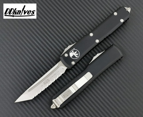 มีดออโต้ Microtech Ultratech T/E OTF Automatic Knife Stonewash Full Serrated, Black Handles (123-12)