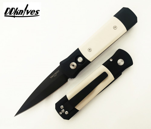 มีดออโต้ Pro-Tech Godson Tuxedo Automatic Knife 154CM Black DLC Blade, Ivory Micarta Handles (752)
