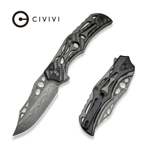 มีดพับ CIVIVI Biophase Button Lock Knife 3.48" Damascus, Gray Aluminum/CF/Black G-10 (C23083C-DS1)