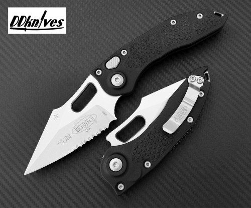มีดออโต้ Microtech Stitch Automatic Knife Stonewash Partial Serrated Blade, Black Handle (169-11)