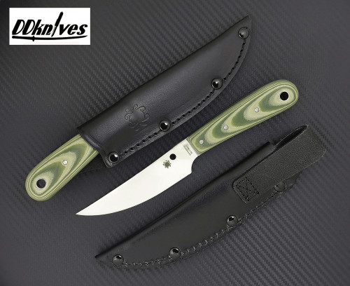 มีดใบตาย Spyderco Bow River Satin Blade, Tan/OD Green G10 Handles, Leather Sheath (FB46GPOD)