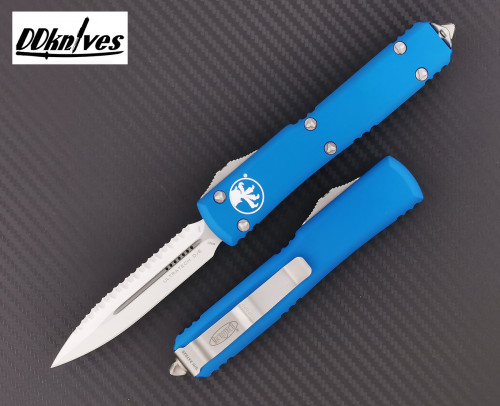 มีดออโต้ Microtech Ultratech D/E OTF Automatic Knife Satin Full Serrated, Blue Handles (122-6BL)