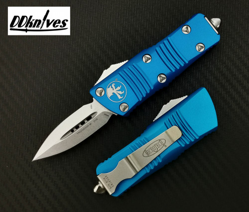 มีดออโต้ Microtech Mini Troodon D/E OTF Automatic Knife Stonewash Blade, Blue Handles (238-10BL)