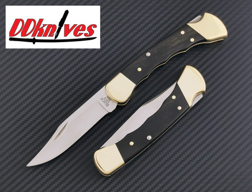 มีดพับ Buck 110 Folding Hunter, Finger Grooved, Ebony Wood Handles, Leather Sheath (110BRSFG)