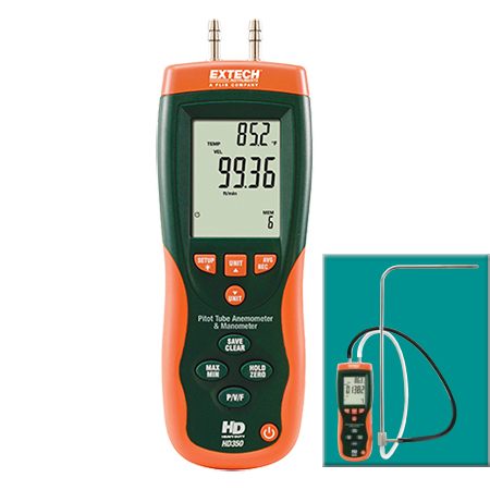 เครื่องวัดความดันต่าง ความเร็วลม Pitot Tube Anemometer + Differential Manometer (0.7psi) รุ่น HD350
