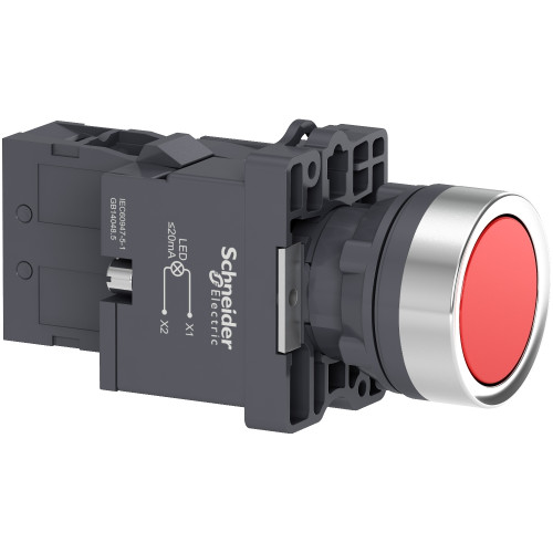 XA2EW34M1 Complete illuminated push button, Easy Harmony XA2, plastic, flush, red, 22mm, spring retu