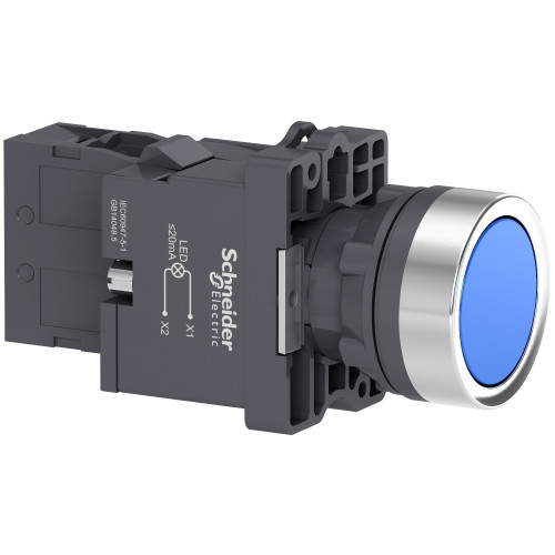 XA2EW36M1 Complete illuminated push button, Easy Harmony XA2, plastic, flush, blue, 22mm, spring ret