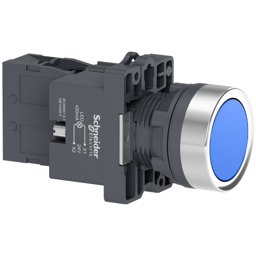 XA2EW36B1 Complete illuminated push button, Easy Harmony XA2, plastic, flush, blue, 22mm, spring ret