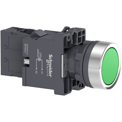 XA2EW33M1 Complete illuminated push button, Easy Harmony XA2, plastic, flush, green, 22mm, spring re