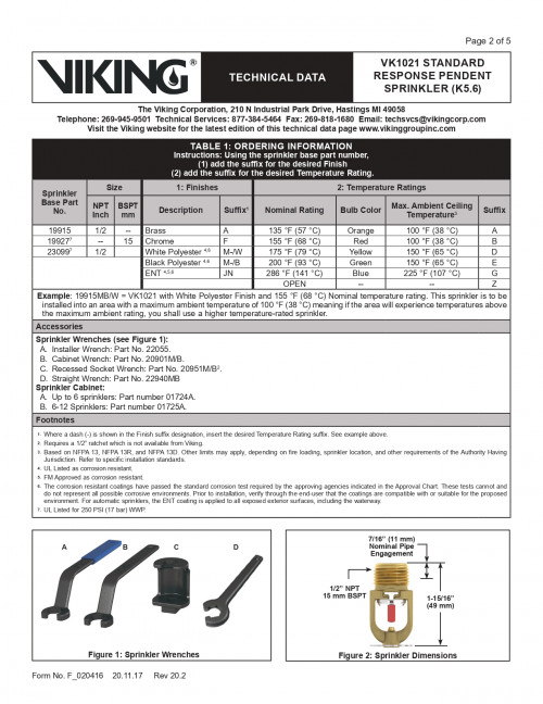VIKING หัวสปริงเกอร์ Sprinkler สีแดง 68C' ขนาด 1/2 นิ้วแบบหัวชี้ลง Pendent,K-Factor-5.6  รุ่น VK1021 3