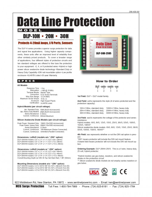 MCG Data Line-Telephone Line Protector 2-wire Protector(6V,25V,62V,200V)hybrid heavy duty  model.DLP 1