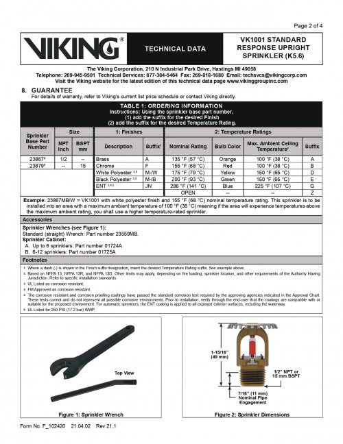 VIKING หัวสปริงเกอร์ Sprinkler สีแดง 68C' ขนาด 1/2 นิ้วแบบหัวชี้ขึ้น Uplight,K-Factor-5.6  รุ่น VK10 3