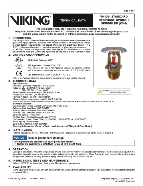 VIKING หัวสปริงเกอร์ Sprinkler สีแดง 68C' ขนาด 1/2 นิ้วแบบหัวชี้ขึ้น Uplight,K-Factor-5.6  รุ่น VK10 2