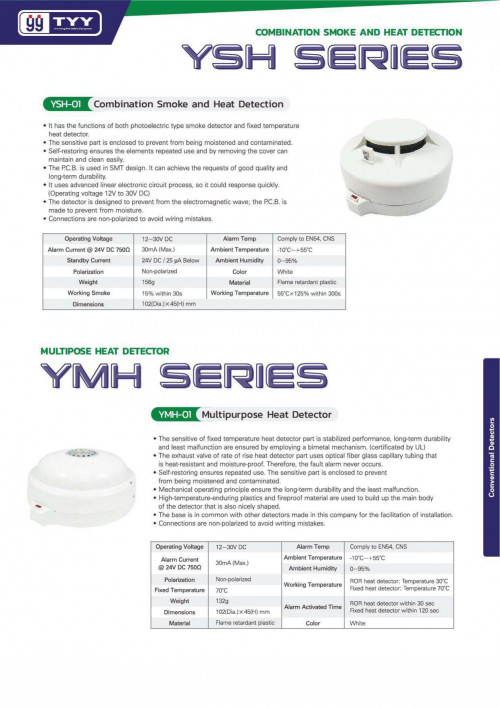 TYY YSH01 Combination Smoke and Fixed Temp Heat Detector with Base
