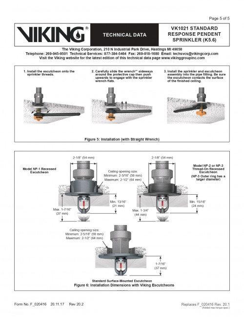 VIKING หัวสปริงเกอร์ Sprinkler สีแดง 68C' ขนาด 1/2 นิ้วแบบหัวชี้ลง Pendent,K-Factor-5.6  รุ่น VK1021 6