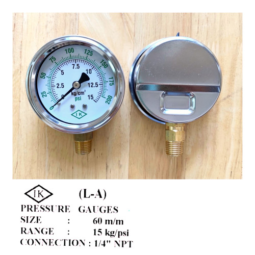 IK รุ่น 60-L-A Pressure Gauge Brass Bottom Range 0-15Kg&PSI NPT | 1/4