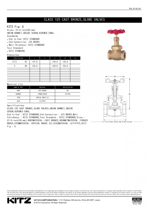 KITZ รุ่น G ประตูน้ำโกลปวาล์ว ทองเหลือง Bronze Globe Valve Class 125 ...