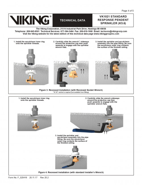 VIKING หัวสปริงเกอร์ Sprinkler สีแดง 68C' ขนาด 1/2 นิ้วแบบหัวชี้ลง Pendent,K-Factor-5.6  รุ่น VK1021 5