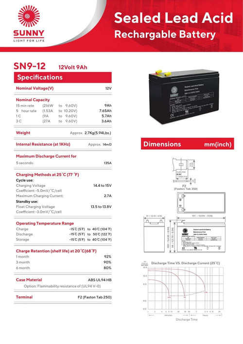 Sunny แบตเตอรี่แห้งชนิดตะกั่ว กรด Seal Lead Acid Battery 12v 9ahรุ่น Sn9 12 0311