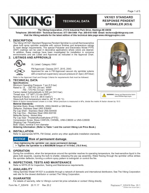 VIKING หัวสปริงเกอร์ Sprinkler สีแดง 68C' ขนาด 1/2 นิ้วแบบหัวชี้ลง Pendent,K-Factor-5.6  รุ่น VK1021 2