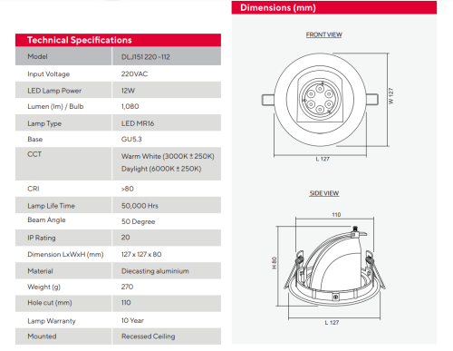 SUNNY DOWN LIGHT DLJ151 TYPE (โคมเดี่ยว/ปรับมุมได้) MODEL DLJ151 220-112LED 1
