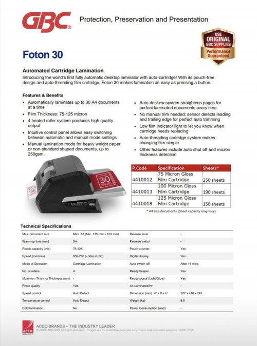 เครื่องเคลือบบัตรระบบอัตโนมัต GBC AUTO LAMINATOR FOTON 30 2