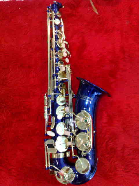 แซ็กโซโฟน ยี่ห้อ Wisdom รุ่น GE1007 สีน้ำเงินคีย์ทอง saxophone มือสองไม่ต้องหา เพราะมือหนึ่งถูกกว่า