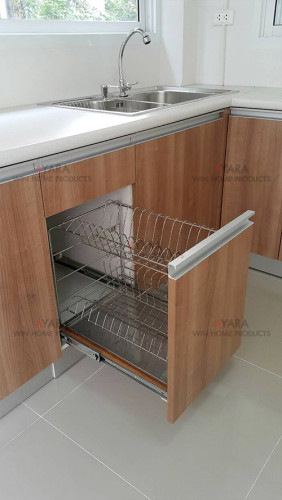 ชุดครัว Built-in ตู้ล่าง โครงซีเมนต์บอร์ด หน้าบาน Melamine สี Capu + PVC สีขาวเงา 7