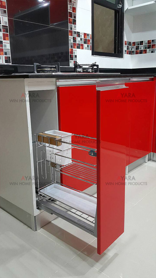 ชุดครัว Built-in ตู้ล่าง โครงซีเมนต์บอร์ด หน้าบาน Hi Gloss สีแดง 7
