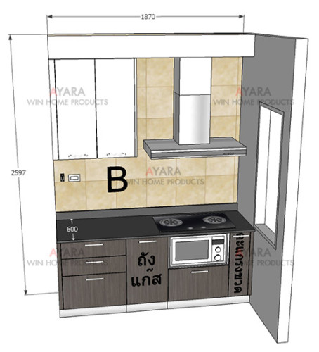 ชุดครัว Built-in ตู้ล่าง โครงซีเมนต์บอร์ด หน้าบาน Laminate สี Bleached Legno + Acrylic สีขาวนวล 7