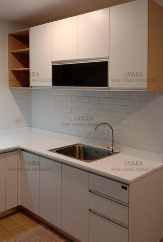 ชุดครัว Built-in โครงซีเมนต์บอร์ด หน้าบาน Melamine สีขาวด้าน - ม.The Trust 2