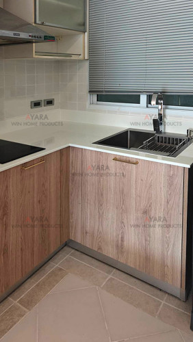 ชุดครัว Built-in โครงซีเมนต์บอร์ด หน้าบาน Melamine 5018-17 สีลายไม้
