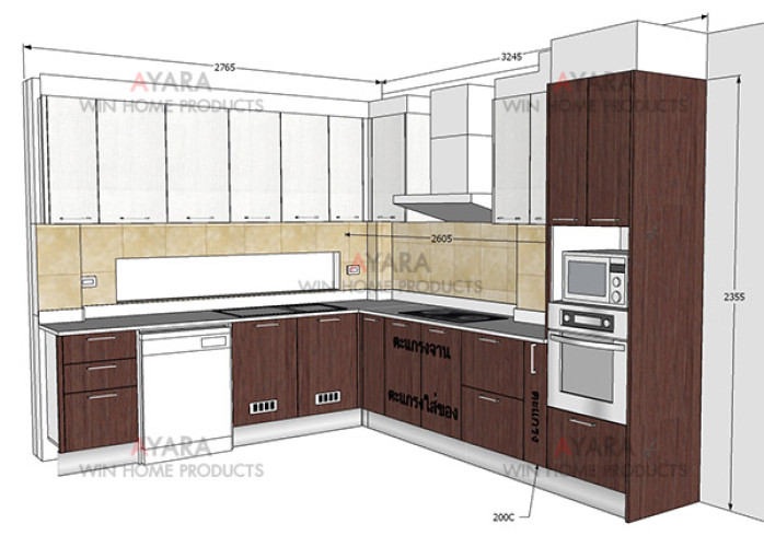 ชุดครัว Built-in ตู้ล่าง โครงซีเมนต์บอร์ด หน้าบาน Melamine สี Pop Walnut + Oak - ม.คาซ่า วิลล์ 9
