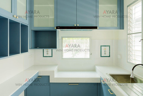ชุดครัว Built-in โครงซีเมนต์บอร์ด หน้าบาน Melamine สีฟ้าผิวส้ม - ม.พฤกษ์ลดา